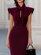 Burgundy Ruffle Shoulder Bow Tie Neck Bodycon Midi Dress
