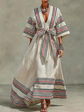 Women's Retro Striped Art Casual Vacation Cotton Linen Maxi Dress