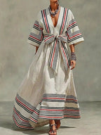 Women's Retro Striped Art Casual Vacation Cotton Linen Maxi Dress