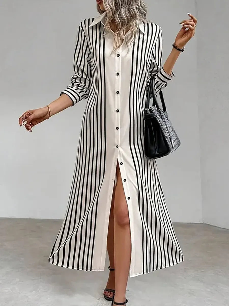 Women's Striped Art Lapel Casual Long Sleeve Cotton Shirt Dress