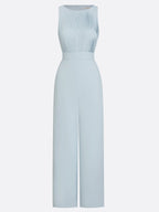 Women Light Blue Pleated Boat Neck Sleeveless Dressy Jumpsuit