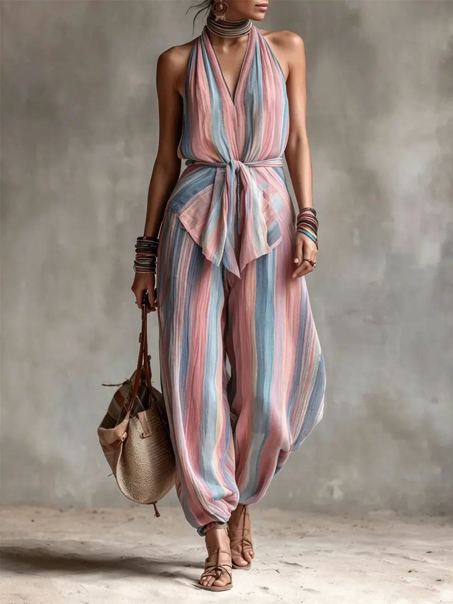Women's Bohemian Halter Neck Striped Jumpsuit