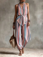 Women's Bohemian Halter Neck Striped Jumpsuit