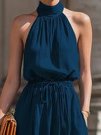 Halter-Neck Pleated Front-Knot Flowy Jumpsuit