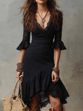 Retro Ruffle Cuffs Flare Skirt Lace Midi Dress