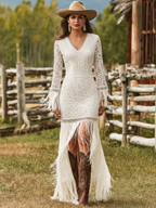 Retro White Lace V-neck Long Sleeve Tassel Short Front And Long Back Skirt Maxi Dress