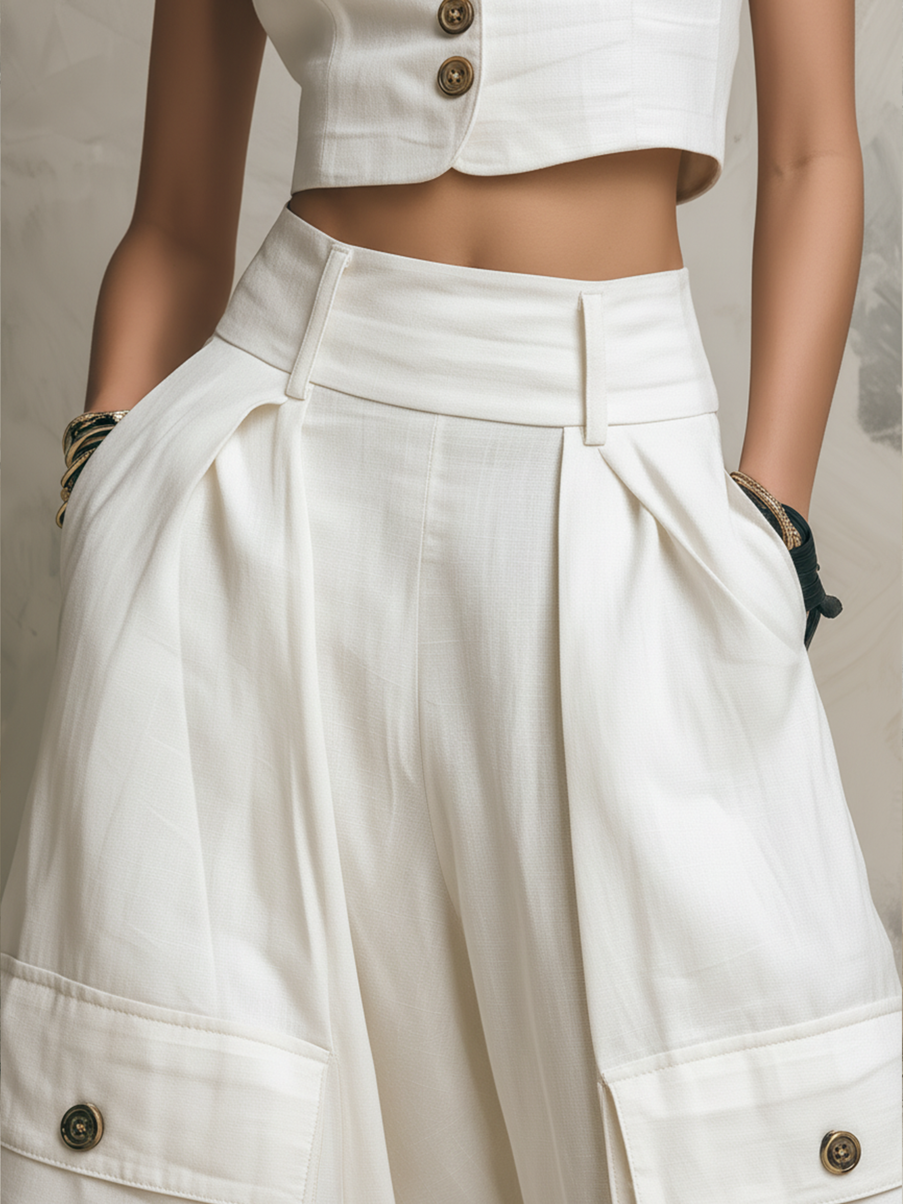 Linen-Blend Vest & Wide-Leg Cargo Pants Set | Tailored Two-Piece Outfit