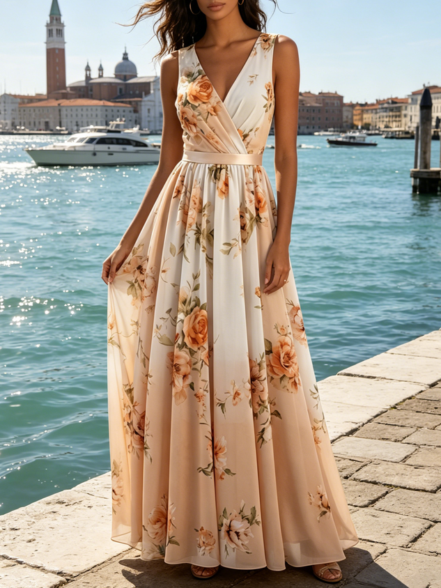Orange Floral Chiffon V Neck Sleeveless A-Line Floor-length Gown Dress