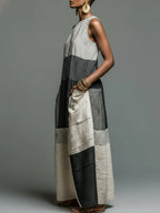 Color-block Striped Sleeveless Maxi Dress with Pockets