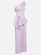 Women Light Purple Peplum One Shoulder Sleeveless Elegant Top With Pants Two-Piece Set
