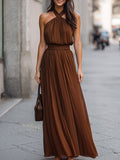 Cross Halter Pleated Waist Flowing Maxi Dress