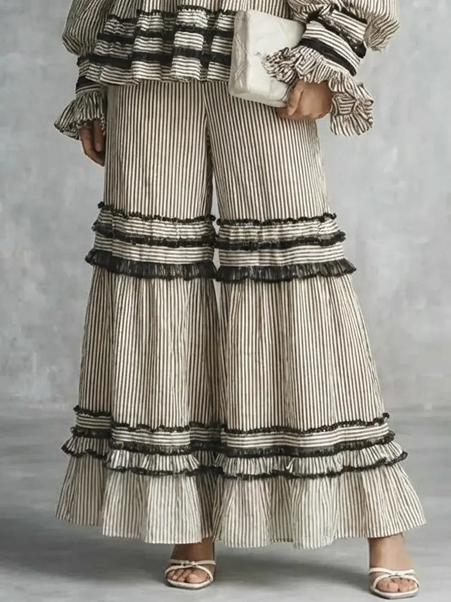 Women's Retro Striped Ruffled Art Casual Stylish Vacation Top And Pants Cotton Linen Suits