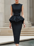 Sleeveless Bow Detail Peplum Midi Dress
