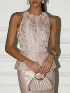 Pink Lace 3D Floral Satin Crew Neck Sleeveless Sheath Maxi Dress