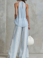 Women's Halter-neck Mesh Sleeveless Top & Striped Trousers Set
