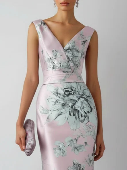 Pink Floral Satin V Neck Sleeveless Sheath Midi Dress
