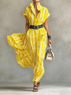 Women's Striped Printed Lapel Short-sleeved Casual Loose Cotton Linen Dress