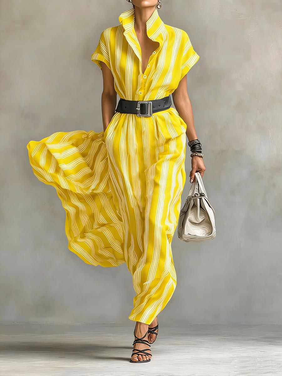 Women's Striped Printed Lapel Short-sleeved Casual Loose Cotton Linen Dress