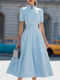 High Neck Short Sleeve Pleated Fit-and-Flare Midi Dress