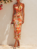 Orange Floral Chiffon V Neck Sleeveless Sheath Midi Dress