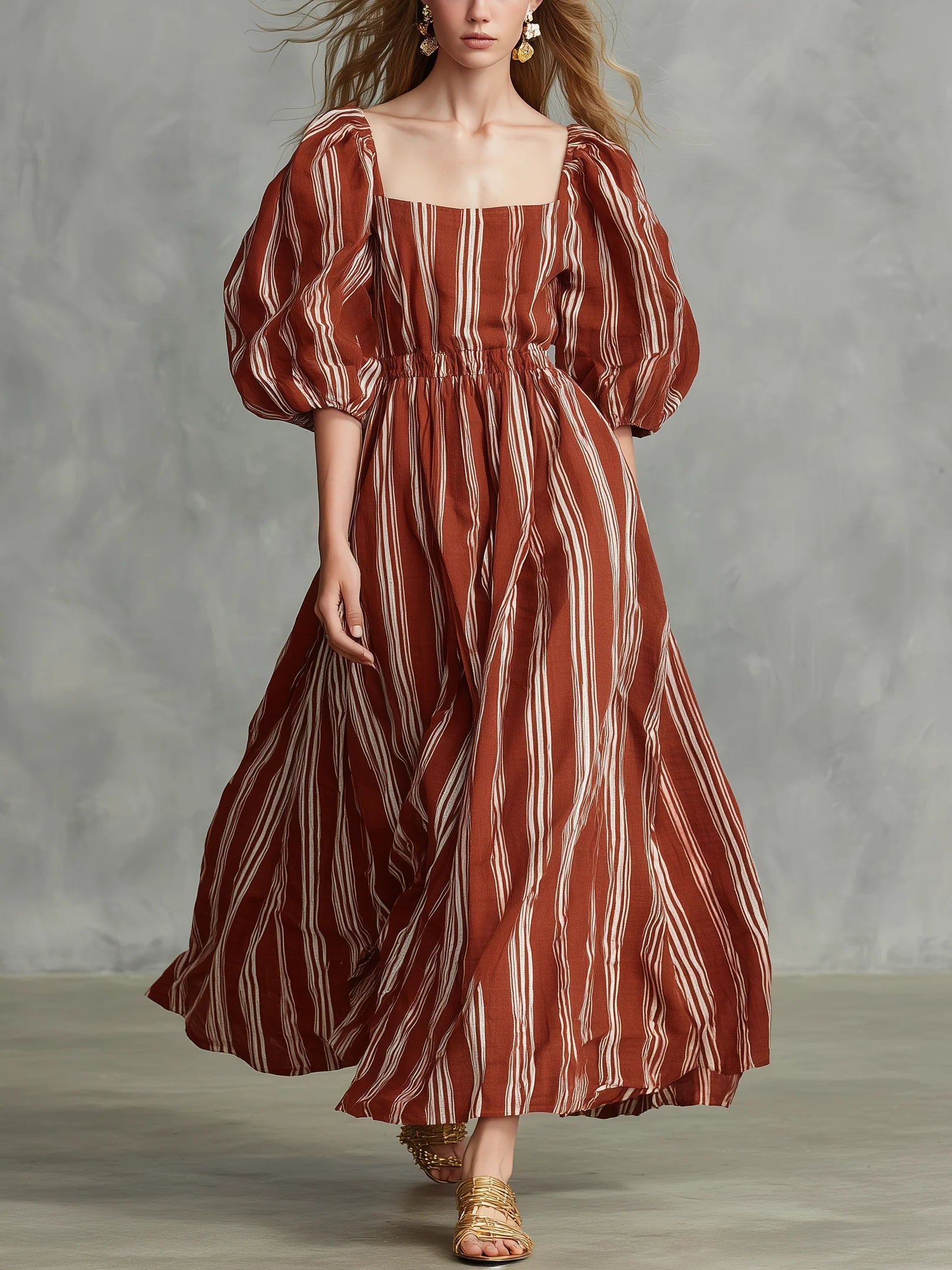 Casual Square-neck, Lantern-sleeve Linen And Cotton Dress With Artistic Stripes