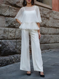 Sheer Layered Peplum Blouse & Wide-Leg Tailored Pants Set