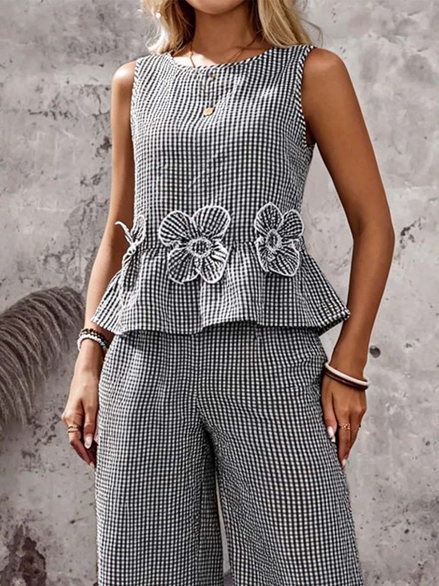 Women's Striped Flowers Art Stylish Cotton Linen Top And Pants Suits