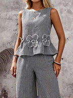 Women's Striped Flowers Art Stylish Cotton Linen Top And Pants Suits