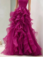 Strapless Magenta Ruffled Ball Gown