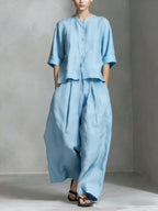 Women's Solid Color Round Neck 3/4 Sleeve Casual Loose Cotton Linen Top And High Waist Wide-leg Pants Cotton Linen Set