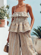 Women's Striped Stylish Casual Top And Pants Vacation Cotton Suits