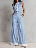 Stylish Casual Two-piece Set: Sleeveless Cotton Top With White Stripe Paneling And Matching Trousers