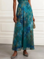 Blue Green Floral Pleated Chiffon V-neck A-line Maxi Dress