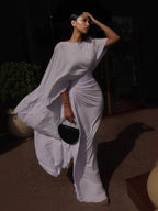 Draped Cape Sleeve Ruched Waist Bodycon Maxi Dress