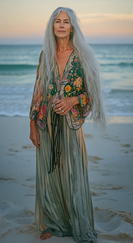 Vacation seaside elegant embroidery top + pant two piece set bb8c