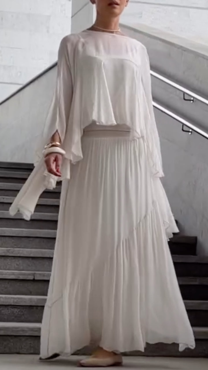 Sheer Ruffle Top & Pleated Maxi Skirt Co‐Ord Set