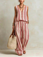 Women's Retro Striped Stylish Casual V Collar Top And Pants Cotton Linen Suits