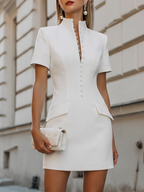 Stand Collar Button-Front Tailored Mini Dress